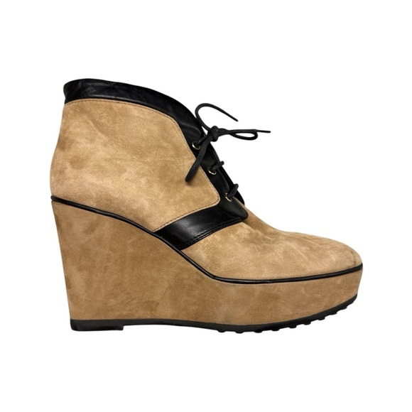 Tod's Camel Suede Leather Lace Up Wedge Platform Ankle Boots Brown - Sz 37.5, 7 - Picture 1 of 14